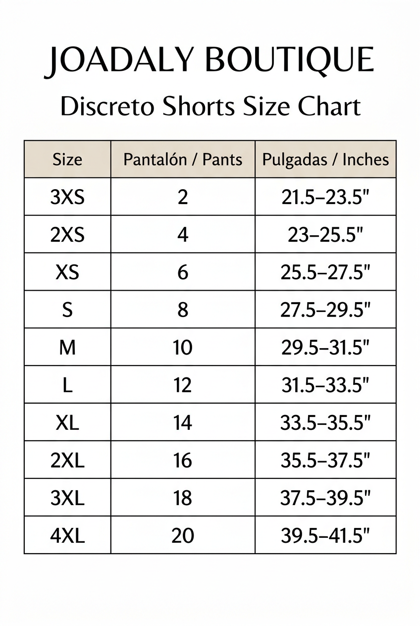 Full Discreto Shorts size chart from the description